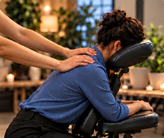 Woman receiving a chair massage on her shoulders