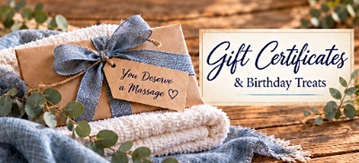 Gift-wrapped box tagged You Deserve a Massage on folded towels, beside a sign reading Gift Certificates and Birthday Treats