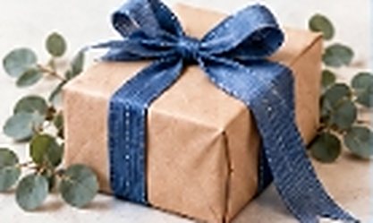 Small gift box wrapped in kraft paper with a blue ribbon
