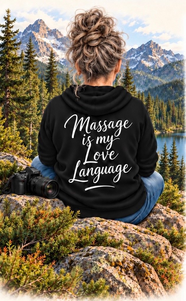 Vicki sitting on a rock overlooking mountains and a lake, wearing a hoodie that reads Massage is my Love Language