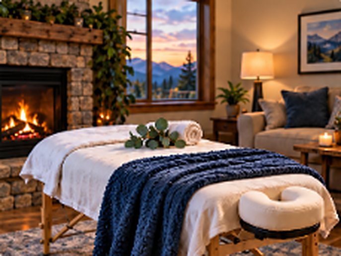 Massage table set up in a cozy living room by a fireplace