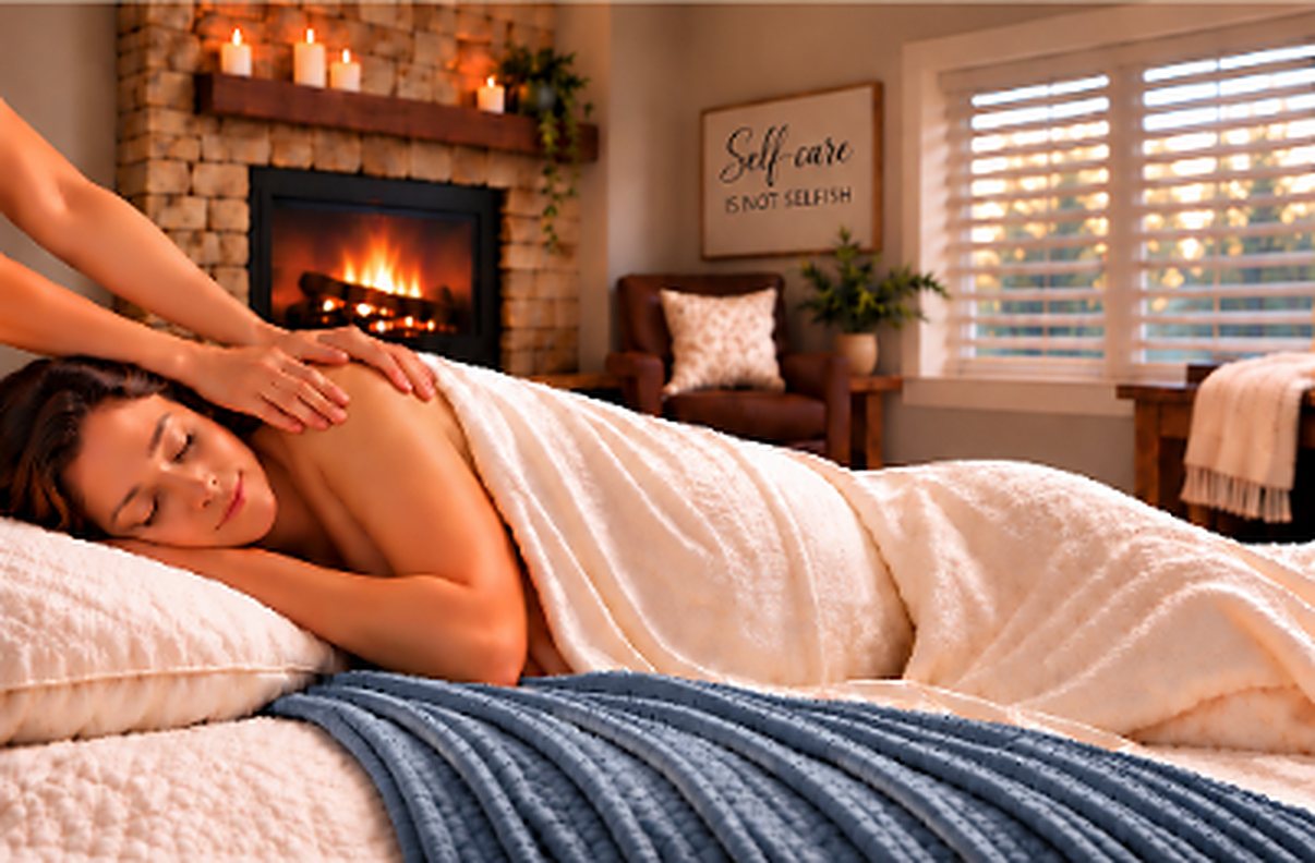 Pregnant woman resting on her side under a soft blanket while receiving a shoulder massage by a fireplace