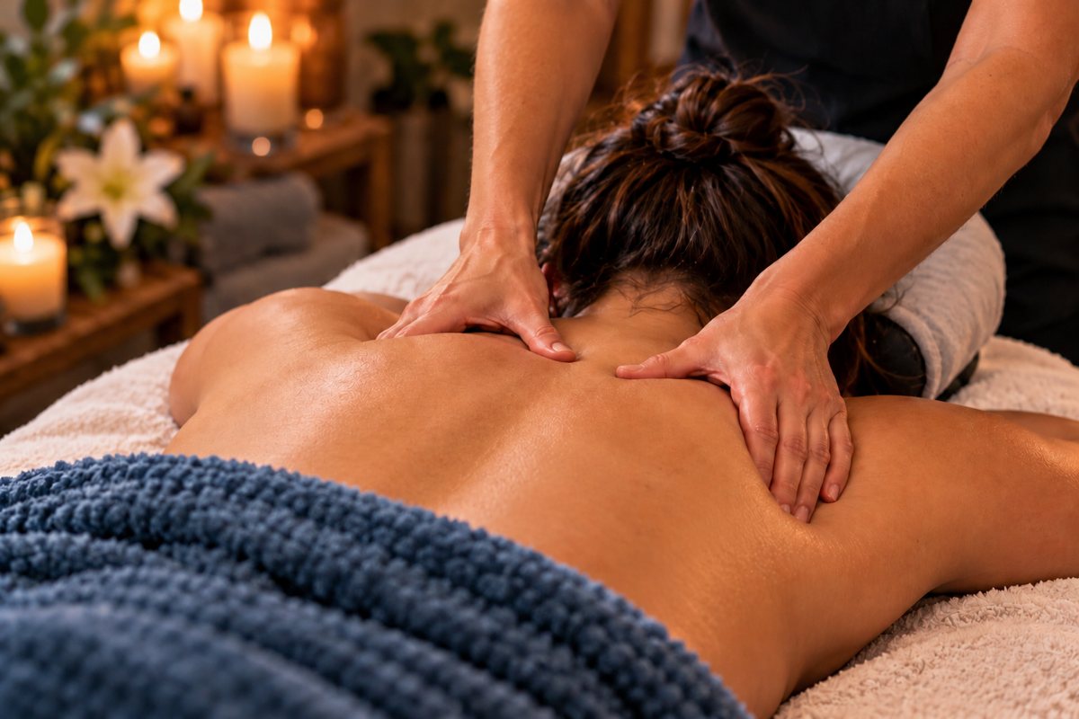 Therapist working deeply on a client's upper back by candlelight