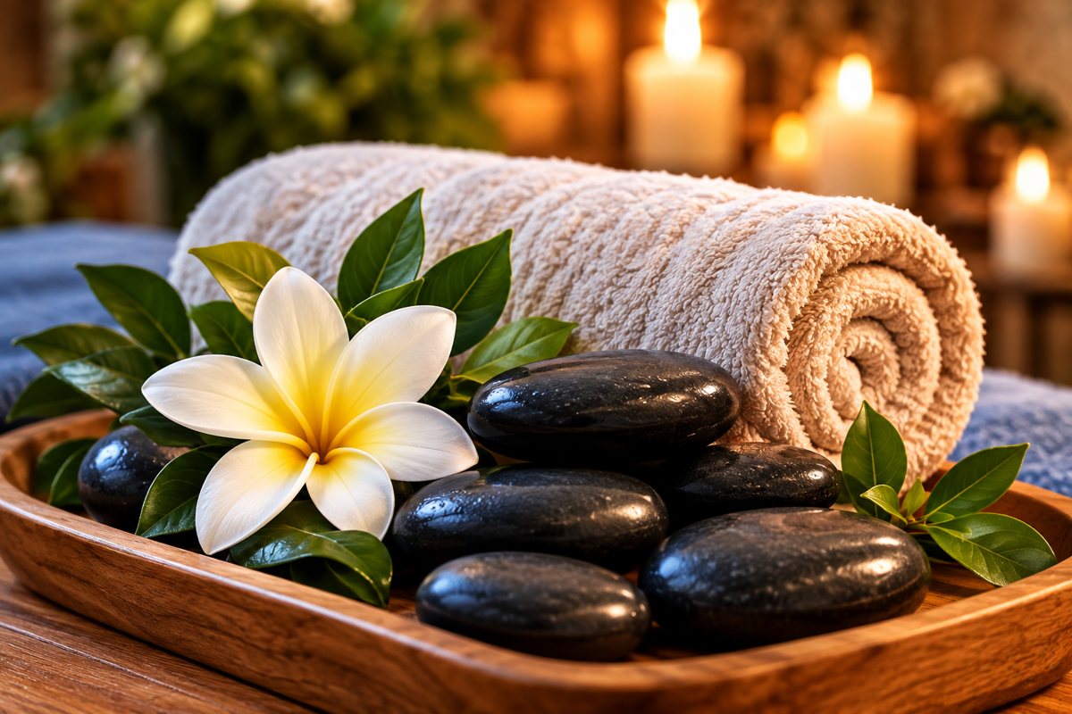 Hot stones, a rolled towel and a plumeria flower